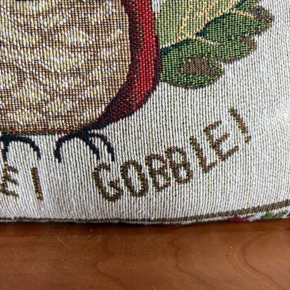 Thanksgiving Turkey Gobble Gobble Woven Tapestry Throw Pillow Autumn Decor Tan